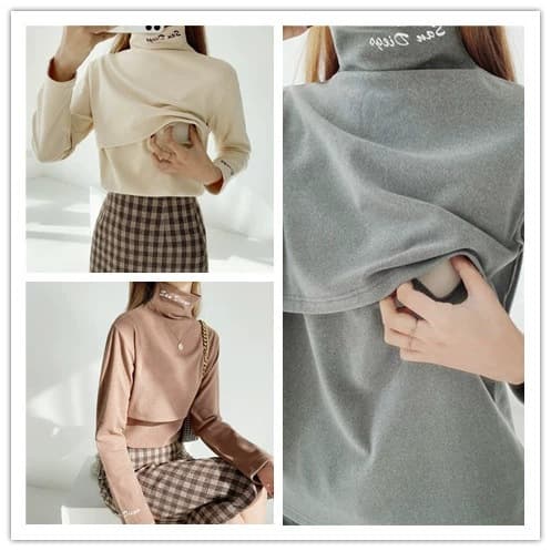 Autumn/Winter Double-Sided Brushed Warm High Neck Lift-Up Base Trendy Mom Nursing Confinement Suit Homewear Top 8584