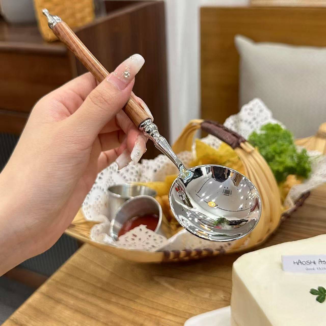 Trendy Imitation Rosewood Round Spoon Stainless Steel Long Handle Round Head Spoon Household Rice Spoon Soup Spoon Dessert Spoon