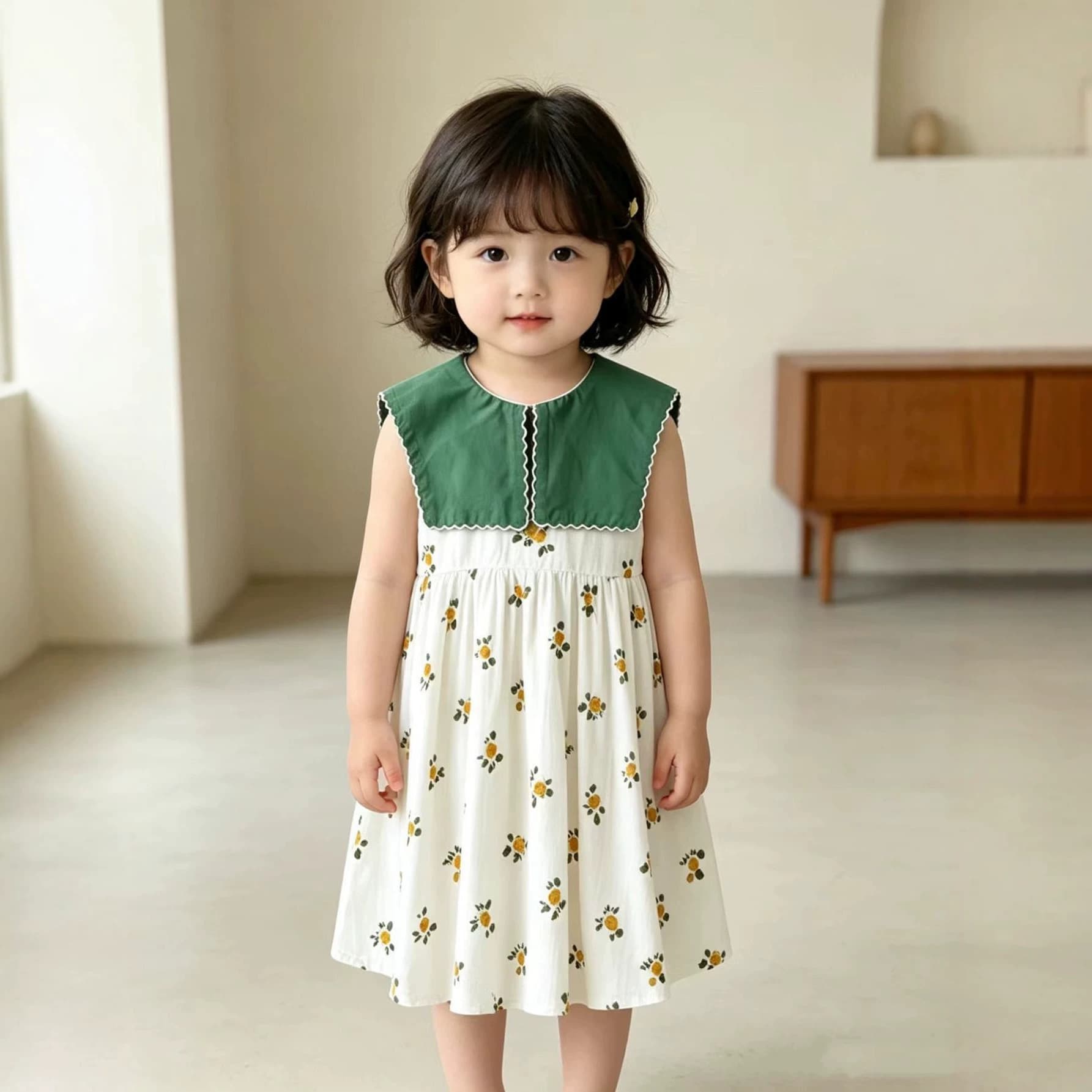 Girls Summer Dress, Short Sleeve Dress, Floral Print Turn-Down Collar Dress, Baby Girl Princess Dress, Toddler Fashion