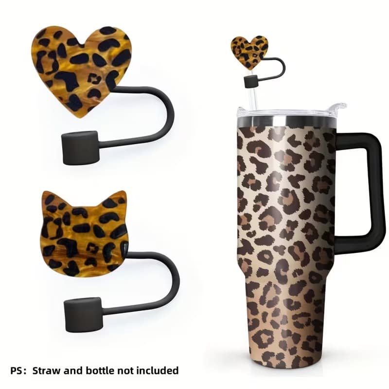 New Hot Selling Dust-Proof Straw Cover Cap, Leopard Print Straw Topper, Party, 2 Pieces Set, Straw Decoration