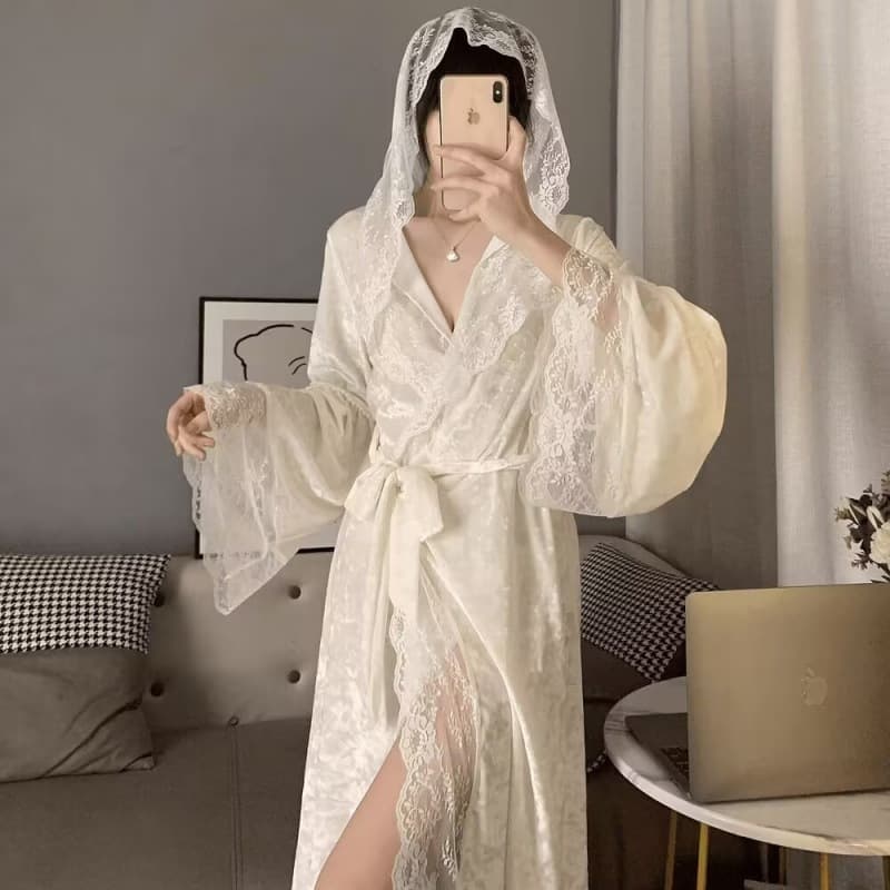 Women's Spring/Winter Sleepwear Robe Fashion Bathrobe Lace Pure Desire Palace Style Homewear Long Plus Size Bride Morning Robe