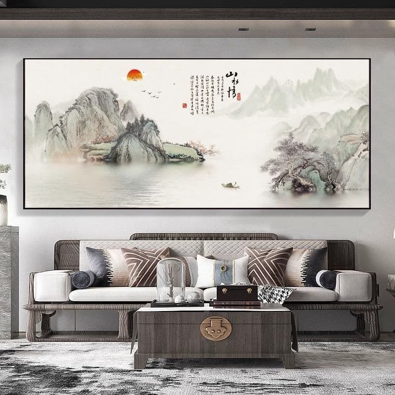 Flowing Water Brings Wealth Landscape Painting with Mountain Backing, Office Decorative Art, Chinese Living Room Wall Hanging, Sofa Study Background