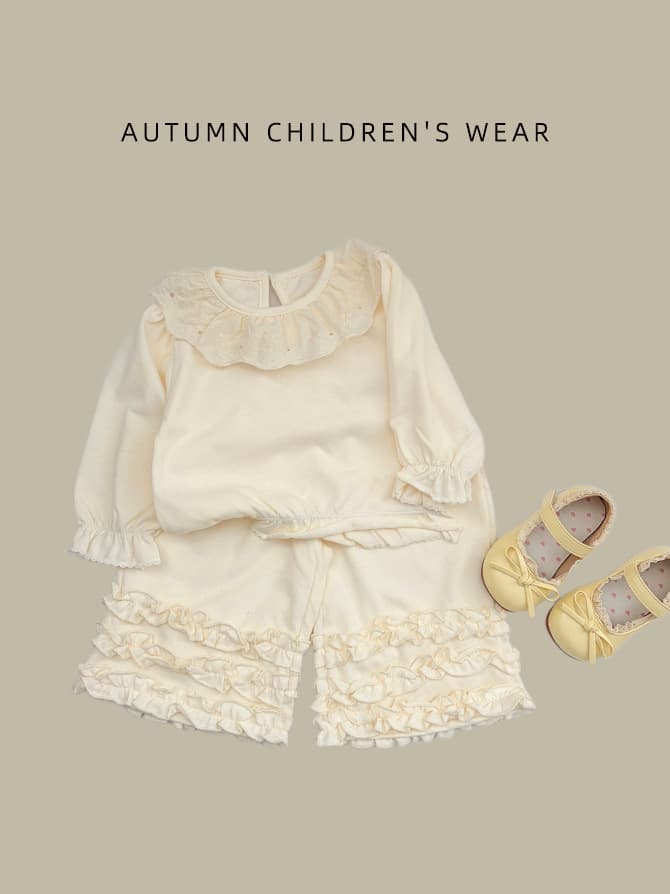 Girls' Gentle Milk White Lace Set Baby Bubble Sleeve Ruffled Collar Top Layered Ruffle Wide-Leg Pants