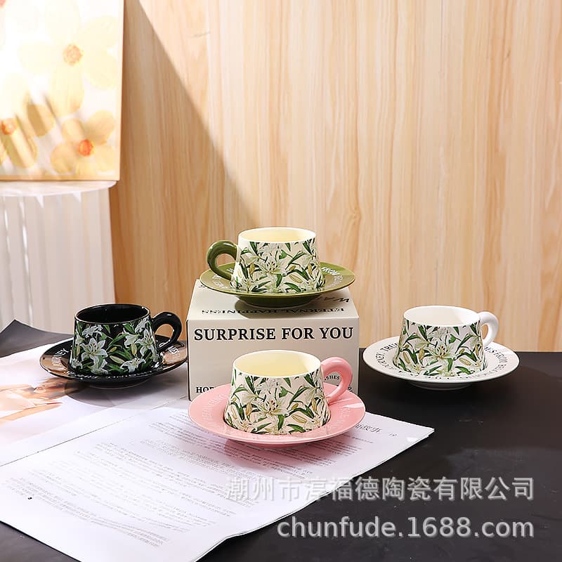 Gift souvenir lily flower designer collaboration original event gift retro ceramic cup coffee cup and saucer