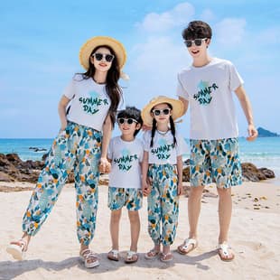 2024 Summer New Cropped Pants Set Beach Family Matching Set for Four, Casual Wear