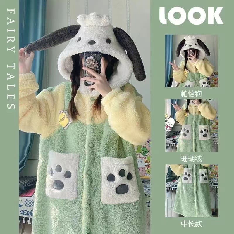 Pachacco Dog Thickened Couple Pajamas Women's Autumn/Winter Coral Fleece Cute Homewear Wear-Out Sleepwear Set