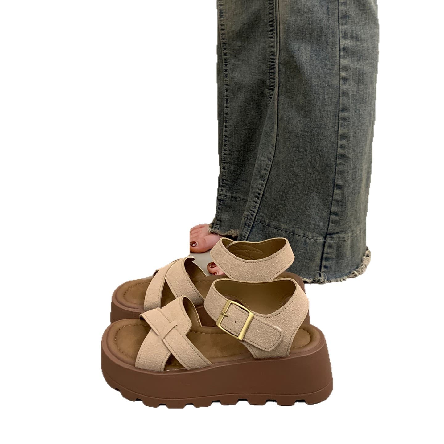 French-style Elevated Thick-Soled Birkenstock Sandals for Women, Spring Outfit with Dresses, Trendy New Korean Roman Wedge Heels
