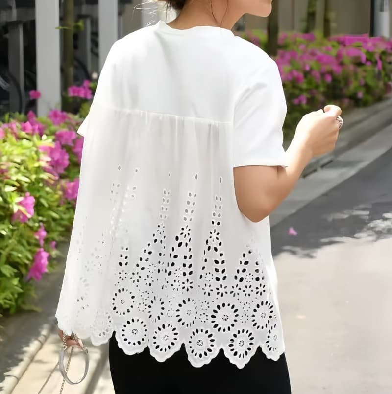 2026 Spring Cross-border Japanese Rakuten Ins Style Loose Hollow Embroidery Patchwork Short Sleeve Round Neck