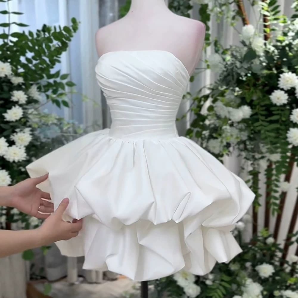 White Strapless Satin Ball Gown Light Wedding Dress Civil Ceremony Dress Engagement Birthday Party Princess Dress Summer Short