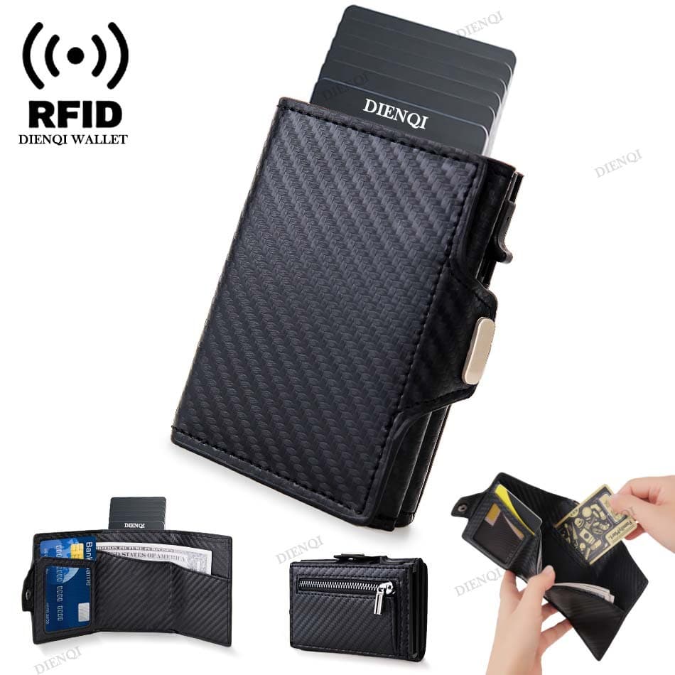 New RFID Men's Card Holder Crazy Horse Leather Wallet Zipper Coin Pouch Aluminum Alloy Wallet Minimalist Card Holder