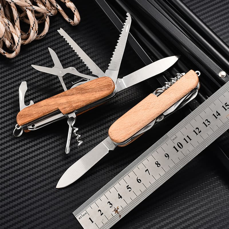Multi-functional outdoor folding knife with wooden handle, 11-opening size, portable fruit knife, outdoor camping tool, gift knife.