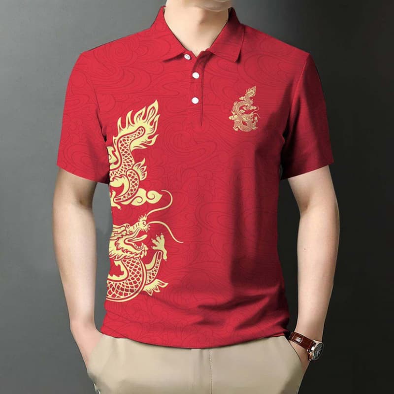 2024 Cross-border Foreign Trade 3D Digital Red Background Golden Dragon Auspicious Cloud Pattern Printed Series Men's Casual Polo Shirt Order