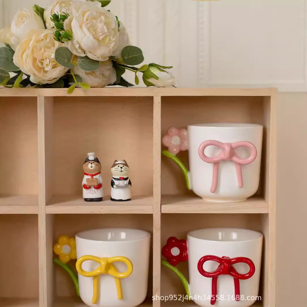 Creative bow cup, fat flower saucer, ceramic cup and saucer, milk cup, drinking cup, gift cup, mug