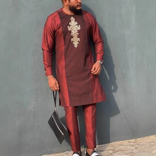 Dashiki Men's Set African Style Long Sleeve Embroidered Color Block 2-Piece Suit Elegant Men's Set