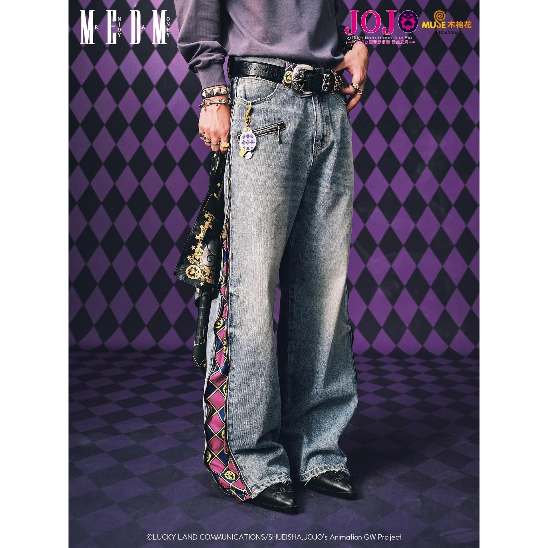 2026 JOJO's Bizarre Adventure Collaboration - Zipper Plaid Casual Jeans Washed Distressed Slightly Stretchy Floor-Length Pants