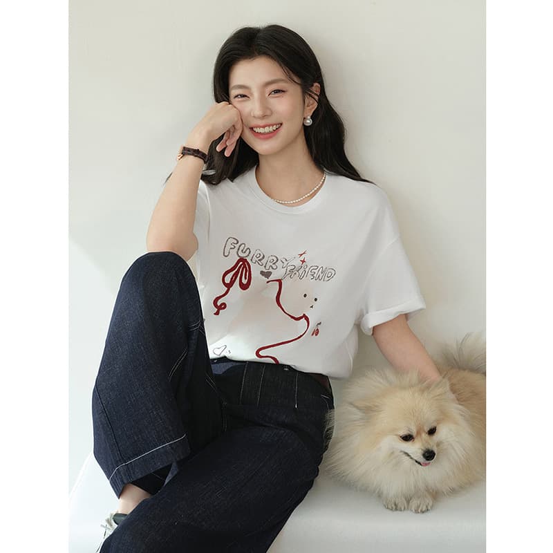 Dog Print Cooling T-Shirt 26 Spring New Oversized Loose Drop Shoulder Slimming Short Sleeve T/7H2200301