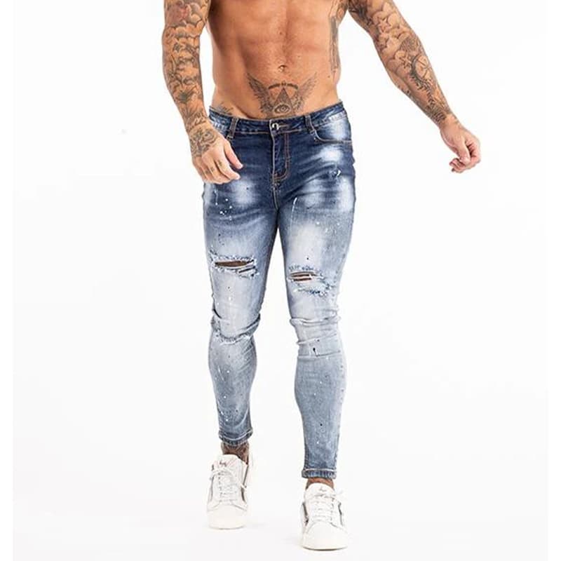 Cross-border Custom Europe and America Wish Men's Jeans New White Slim Tapered Pants Men's Ripped Motorcycle Jeans