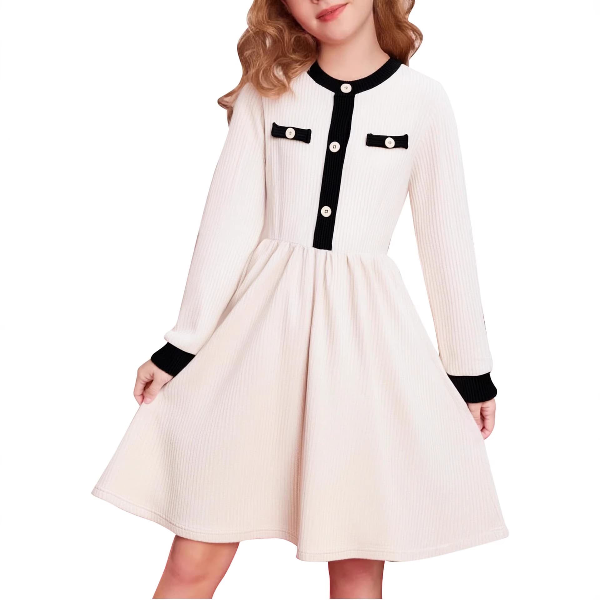 Girls Long Sleeve Autumn Winter Dress Button Knit Casual Princess Dress Holiday Outfit for Girls 8-12