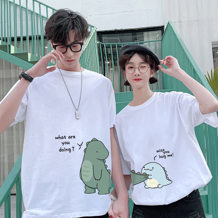 Cross-border Summer Couple Outfit 2022 New Trendy Short-Sleeve French Dinosaur Print Women's Plus Size T-Shirt