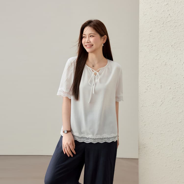[Fashionable Lace Hem Breathable Lyocell Shirt] Slim & Plus Size Women's Clothing 2025 Summer New Arrival