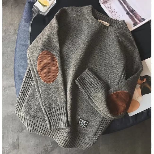 Patchwork Knit Sweater Men Winter Thick Large Size Pullover Streetwear Round Neck Japanese Retro Wool Coat