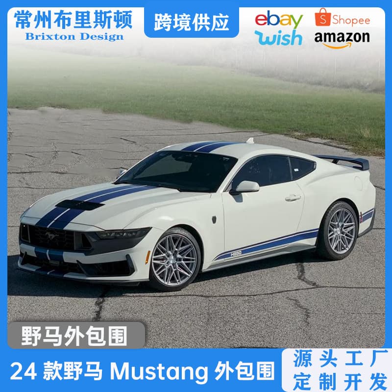 Exterior body kit for 2024 Ford Mustang: front lip, grille, side skirts, rear spoiler, and diffuser