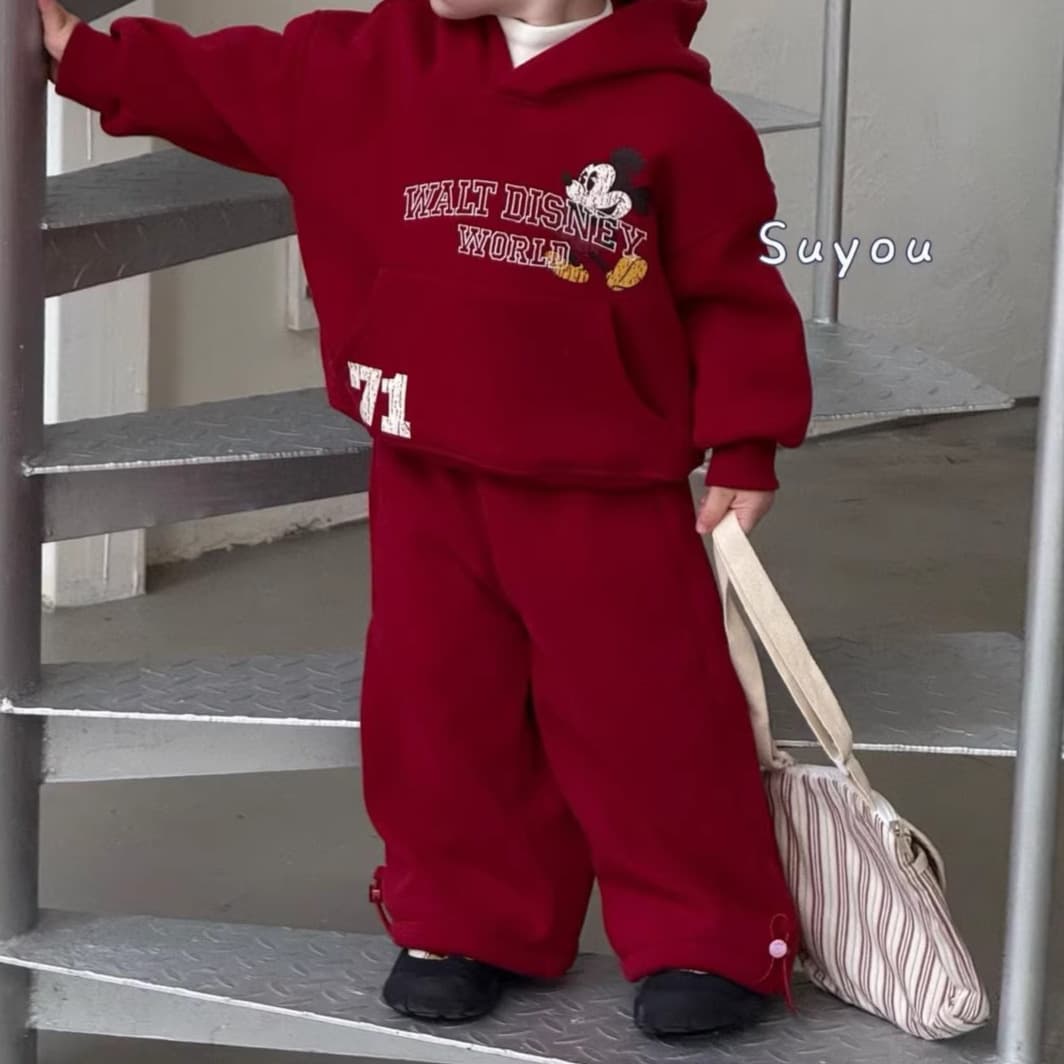 Autumn Winter Korean Style Fleece Two-Piece Set New Boys Girls Fleece-Lined Wide-Leg Sweatpants Cartoon Hooded Sweatshirt Two-Piece Set