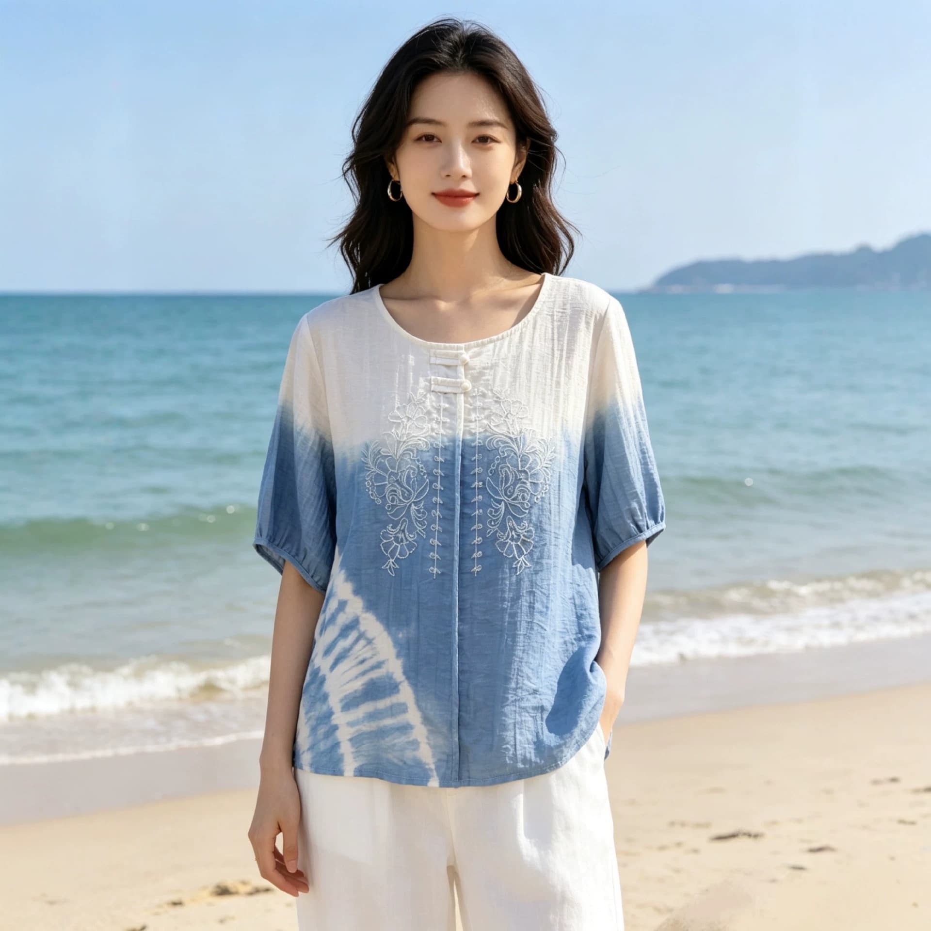 Yunnan Dali wholesale handcrafted pure plant indigo tie-dye loose-fit embroidered disc-button women's blouse