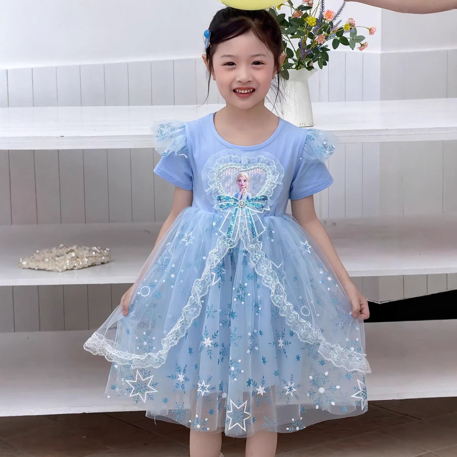 Short-sleeved dress 2026 new summer Elsa princess dress ice and snow dress girls birthday dress dress