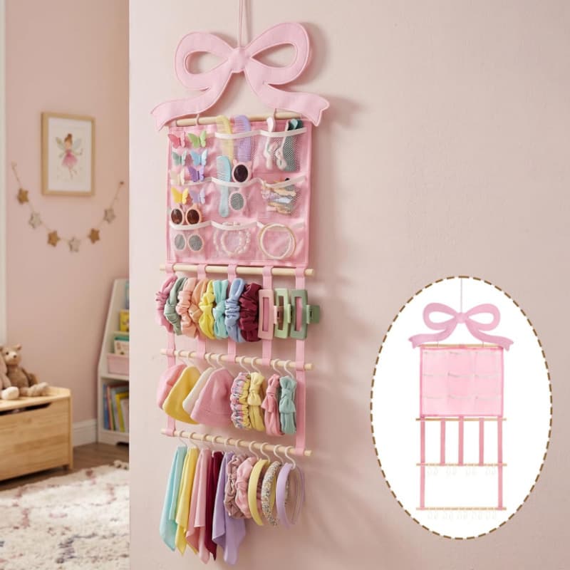 Cross-border Hot Selling Pink 3D Bow Net Bag Hair Clip Headband Storage Display Rack Wall Mount for Girls Bedroom