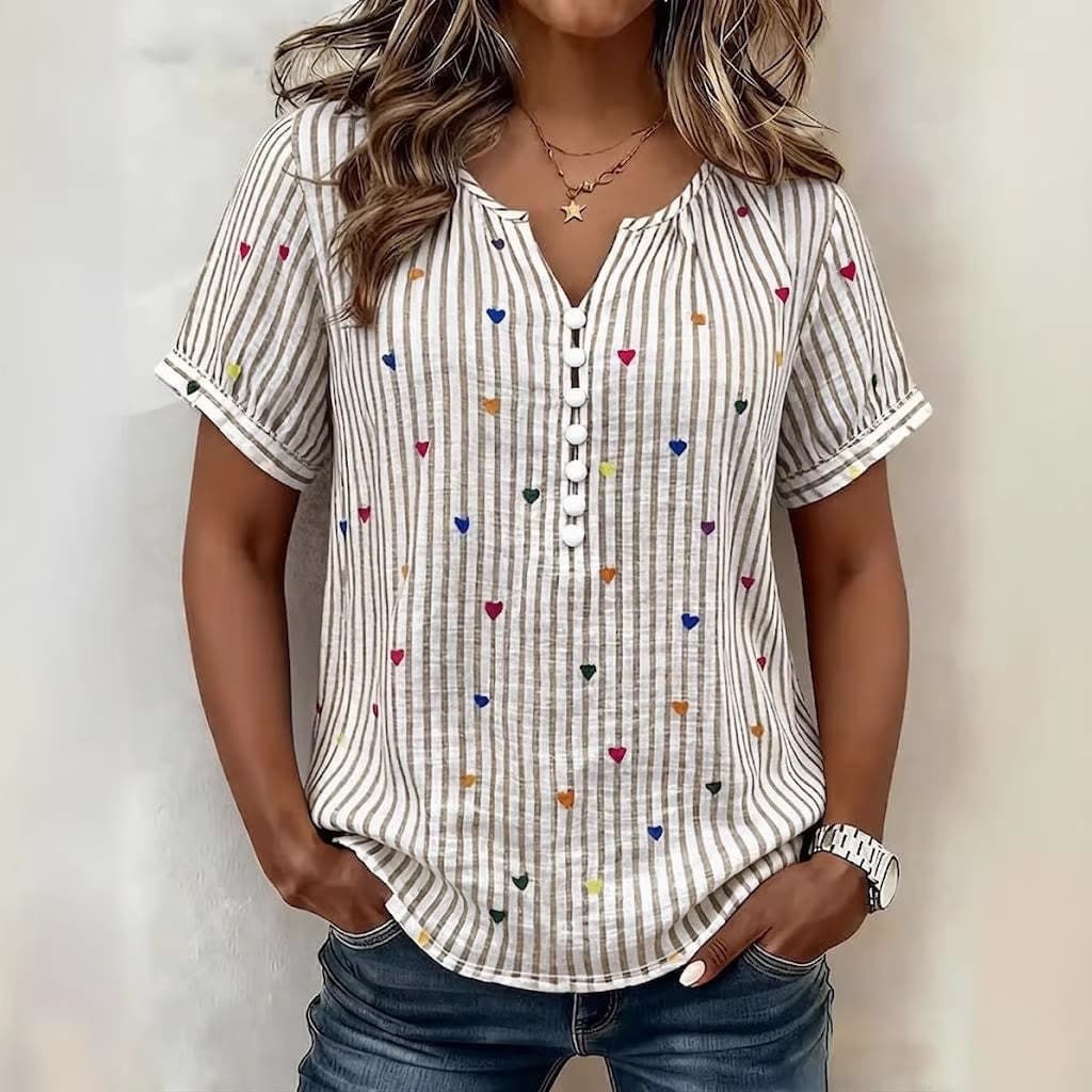2026 Plus Size Women's Summer Short Sleeve Striped Print Shirt Hot Selling for Amazon Cross-border E-commerce Europe and America