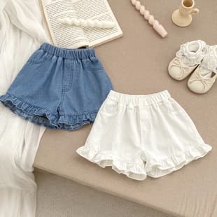 2025 Summer Baby Soft Denim Shorts for Girls, Solid Color Ruffle Denim Pants, Fashionable Outdoor Shorts
