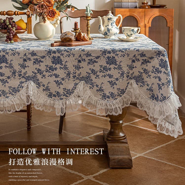 French Vintage Rectangular Table Runner with Floral Pattern, Ruffled Edge, Linen Texture, Decorative and Artistic Tablecloth for Dining Table