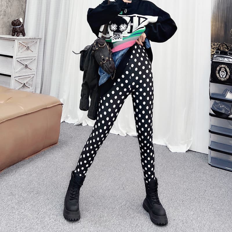 Leggings mesh polka-dot stretch leggings are worn outside spring and summer new black polka dot printed high-waisted leggings