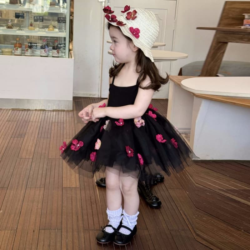 Girls' Dress 2025 New Strapless 3D Flower Dress Black Swan Summer Puffy Princess Dress
