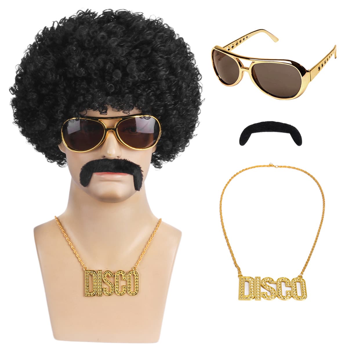 Hippie Theme Party Cosplay Wig And Glasses Necklace Set Halloween Explosion Head Fake Hair High Temperature Silk Any Skin Color