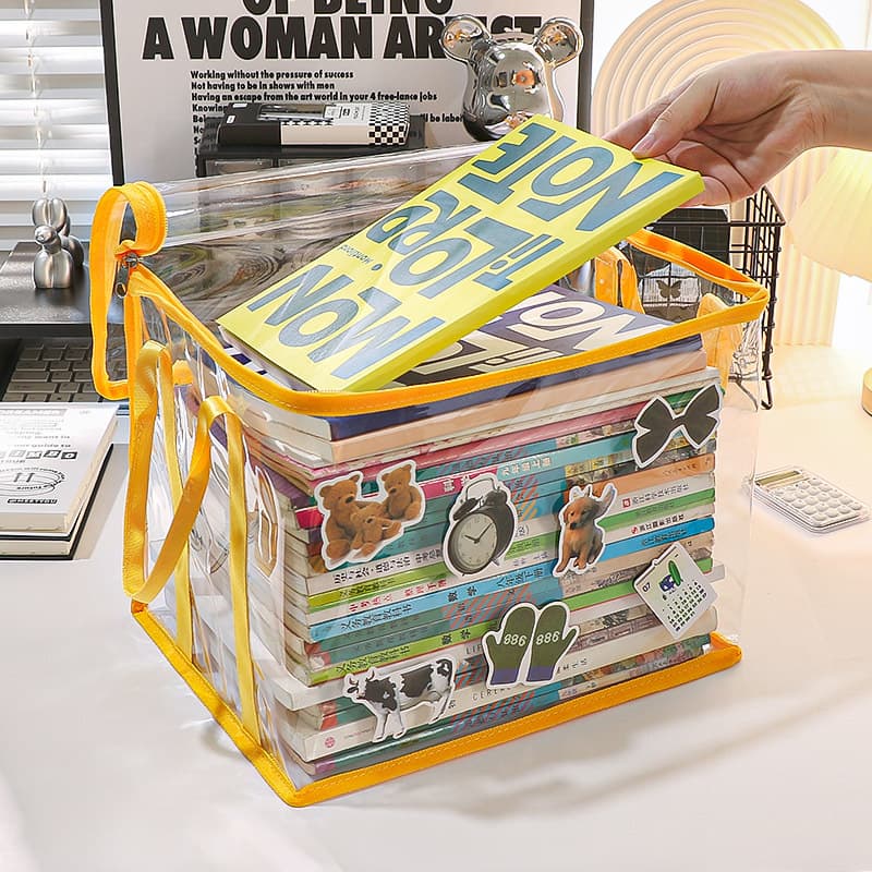 Transparent Foldable Student Book Dustproof Bag, Learning Supplies Bookshelf Organizer Basket, Handheld Storage File Box