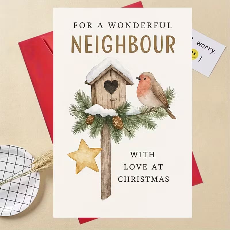 temu's Christmas card for neighbors features a robin and a pastel birdhouse. Thoughtful gift for neighbor