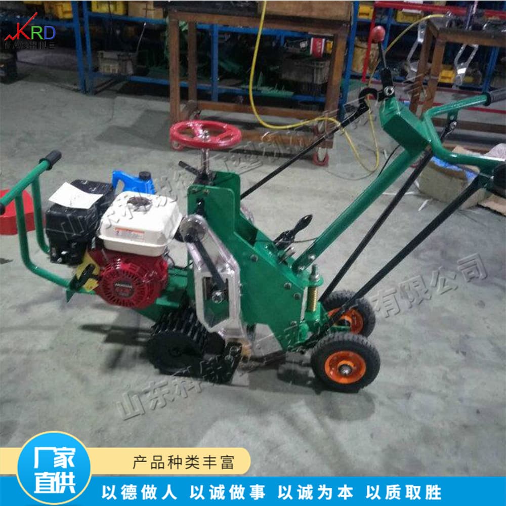 Hand-pushed wide-blade rotary lawn mower, small turf line marker, sports field sod cutter and transplanter.