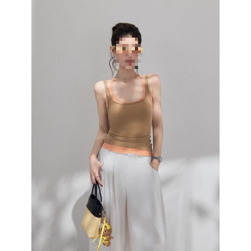Hong Kong style, versatile contrasting color camisole, two-piece stacked design, sleeveless top, sister style