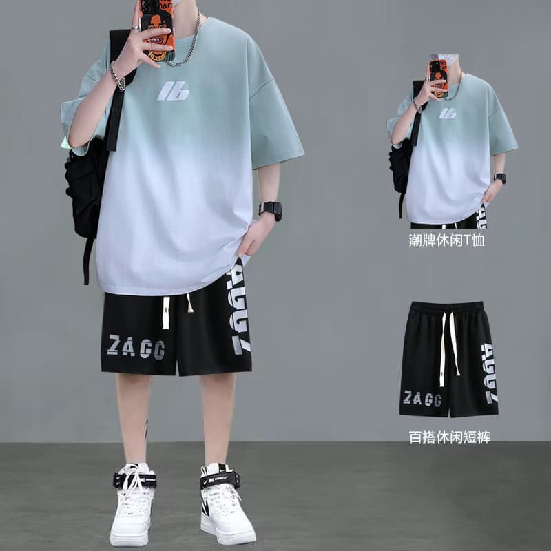 Summer Sports Suit for Men, a Set That Includes a Cool, Stylish, Trendy Loose T-Shirt and Short-Sleeved Shorts for High School Students