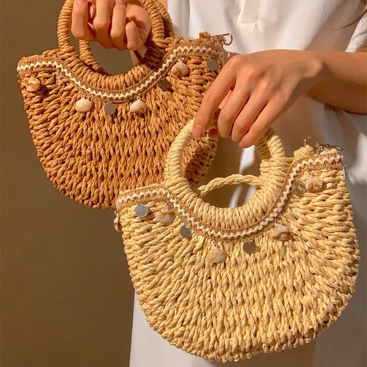 Beach Vacation Woven Rattan Handbag Korean Style Shell Bead Decoration Parent-Child Crossbody Bag Handbag Children's Shoulder Bag