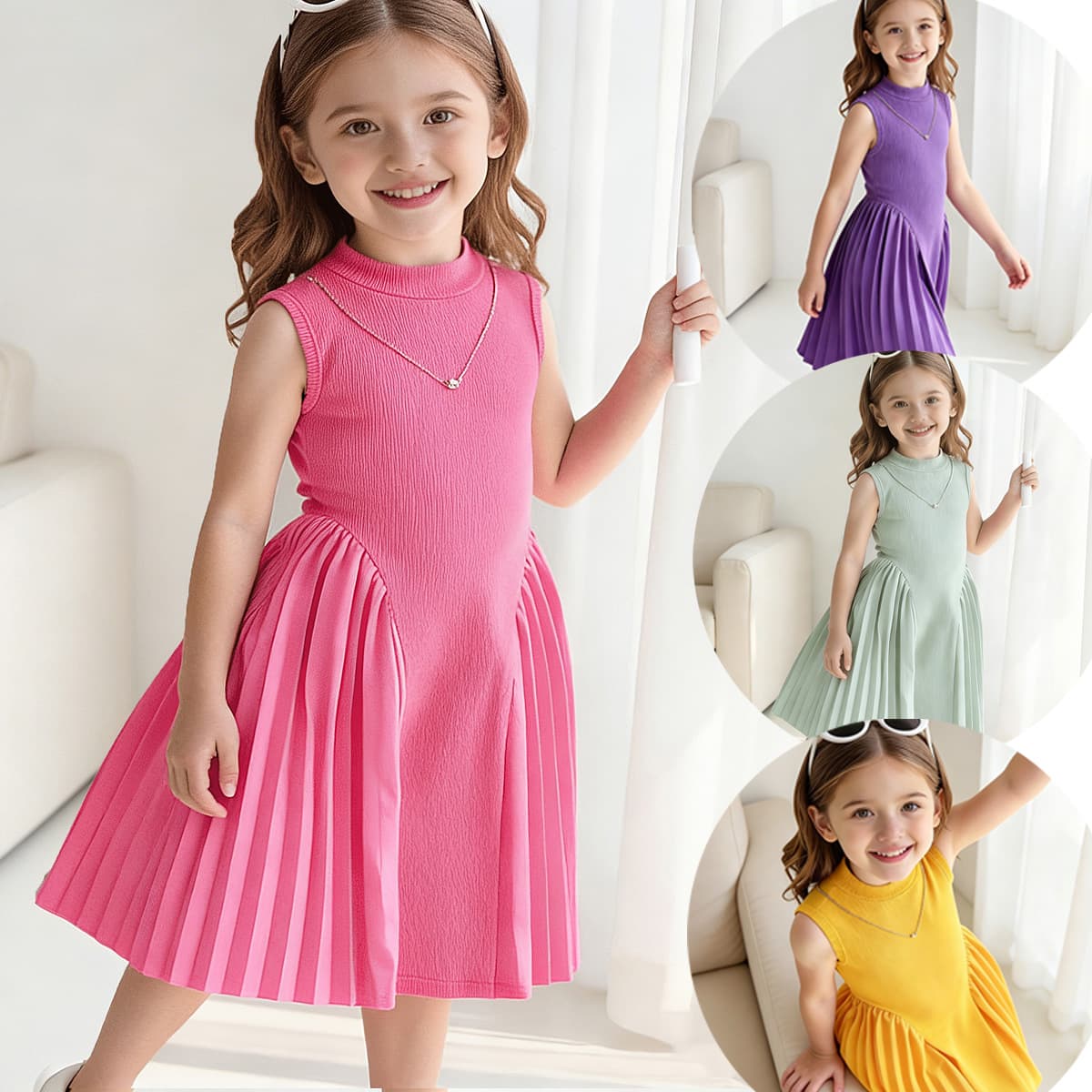 Cross-Border Girls' Summer Dress, European and American Elegant Pleated Patchwork Waist-Cinching Sleeveless Dress + Necklace