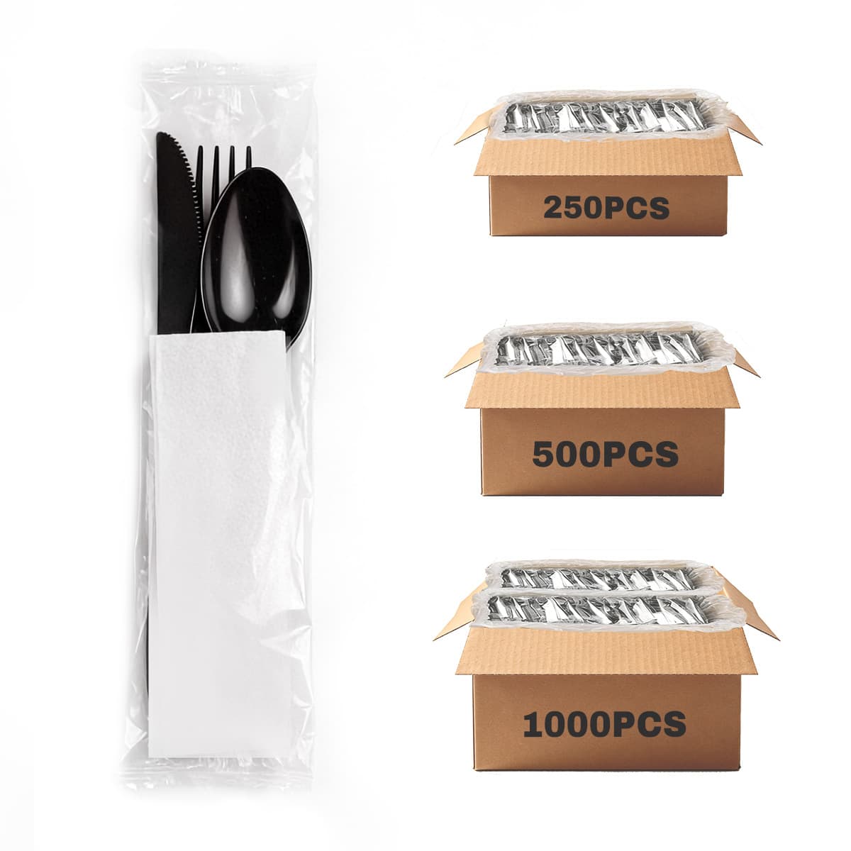 Large disposable knife, fork and spoon cross-border black plastic tableware bag with tissue paper party western food knife, fork and cake spoon