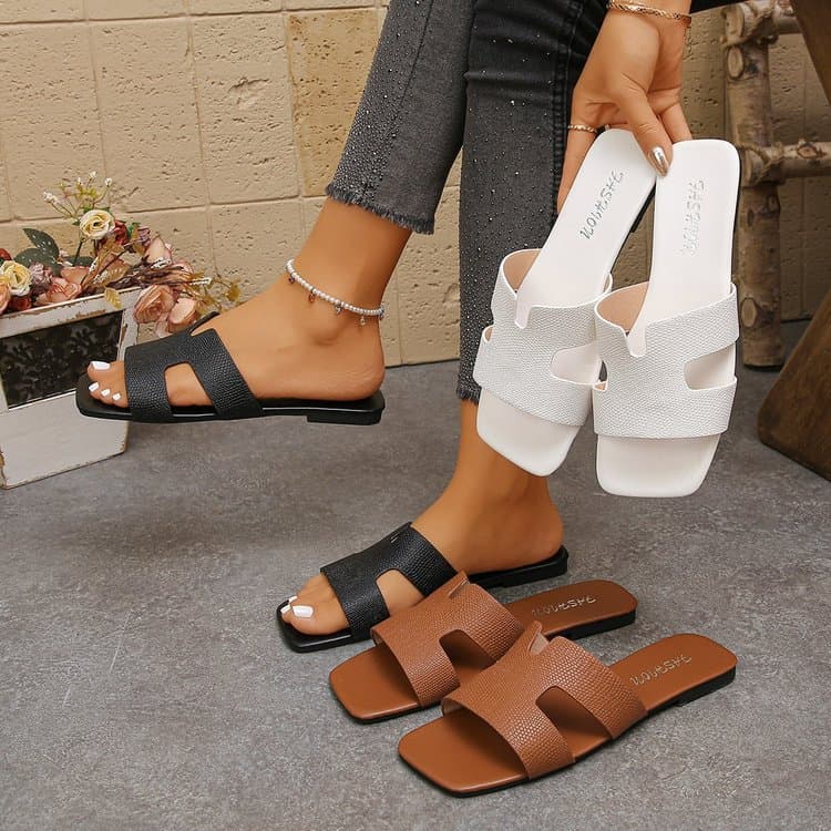 Foreign trade flat bottom 2026 summer low-heeled embossed leather waterproof platform cross-border large size one-word women's sandals and slippers