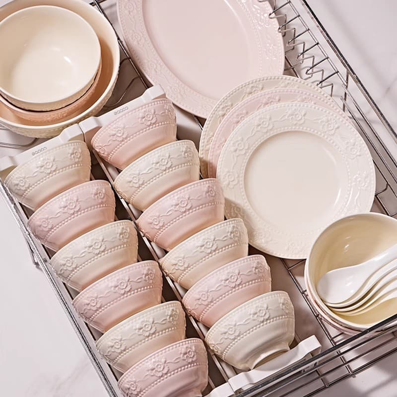 Embossed design bowl and dish set household high-end light luxury retro niche bowl and plate rice plate ceramic tableware set