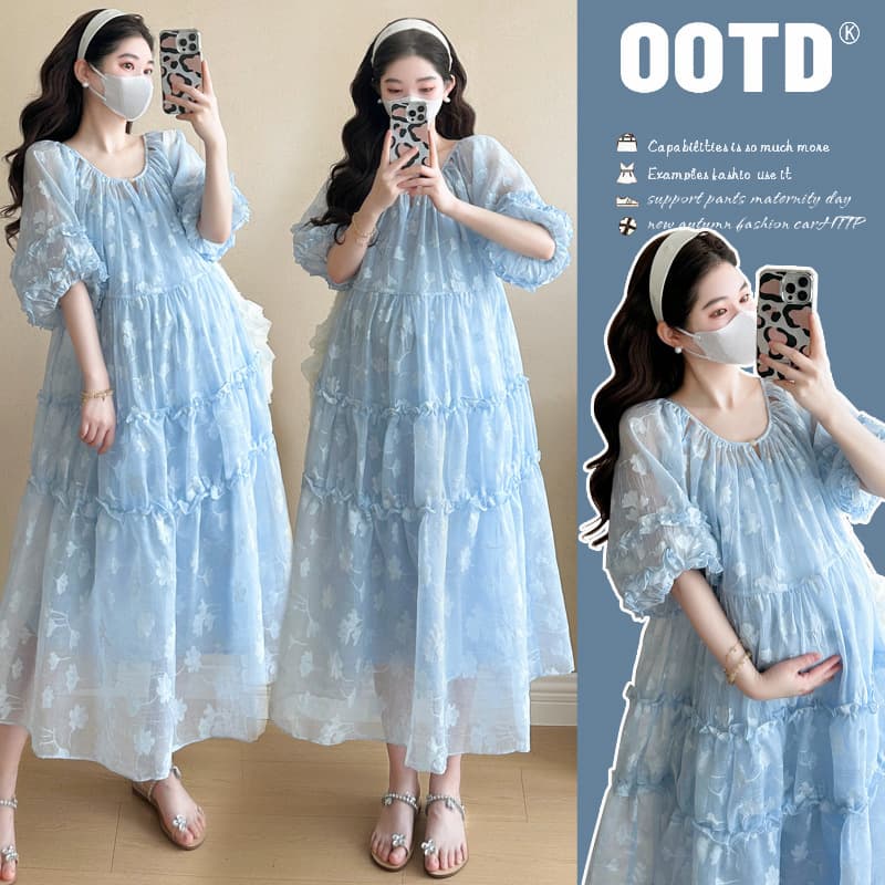Tea Break French Blue Dress Women 2025 Summer New Elegant Socialite Seaside Vacation Style Long Dress Maternity Wear