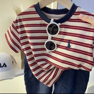 In Stock Boys Short Sleeve Top High Quality Combed Cotton Kids Summer Striped Embroidery Fashion T-Shirt Trendy
