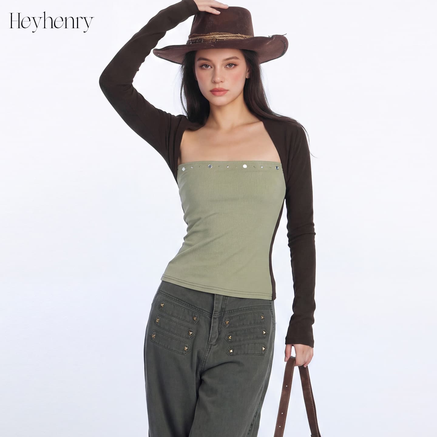 HeyHenry Color-Block Faux Two-Piece Long-Sleeve T-Shirt for Women, Slimming Fitted Top, Korean Style Casual Base Layer Tee for Fall