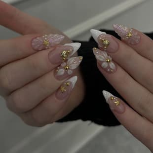 Export Style 3D Flower French White Edge Nail Tips Wearable Nails Simple Gold Star Fake Nails Nail Tips